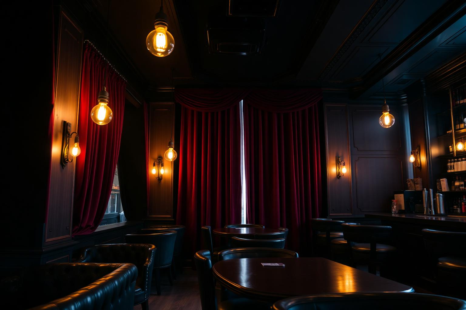 The cozy, theatrical interior of Curtain Call Coffee Bar
